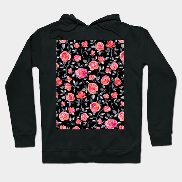 Roses on Black - a watercolor floral pattern Hoodie by micklyn